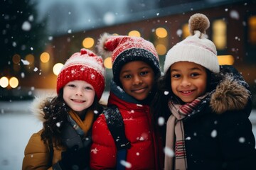 Portrait of a diverse kids students infront elementary school while snowing wearing Christmas hats