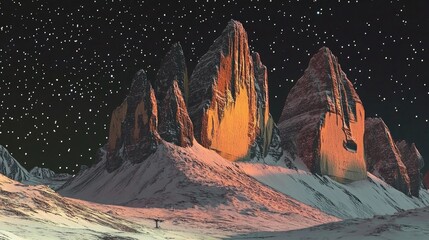 Wall Mural - 3D cartoon rendering of the Sassolungo and Sella group illuminated by stars in a natural park setting