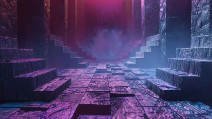 Wall Mural - Neon-Lit Stairway in a Mystical Stone Corridor