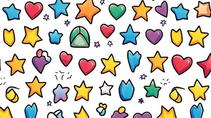 A playful pattern of stars, hearts, and diamonds arranged in rows, outlined for kids to color and create their own designs