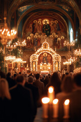 Worshippers attending candlelit Orthodox service in ornate church