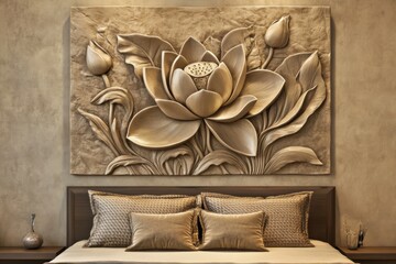 Elegant lotus flower artwork enhances the bedroom's aesthetic. 