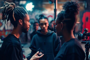 Rear view of a young African-American man in a black jacket and with dreadlocks on his head, talking to a female friend on the street.