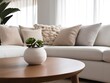 © sina - Round wood coffee table against white sofa. Scandinavian home interior design of modern living room (7)