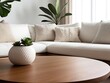 © sina - Round wood coffee table against white sofa. Scandinavian home interior design of modern living room (7)
