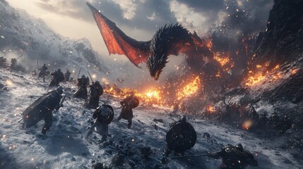 Armored warriors engage in a fierce battle against a massive dragon soaring above them, breathing fire amidst a flurry of snowflakes on a mountain peak. Generative AI