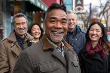 Mature man in the street with his group of friends in the background