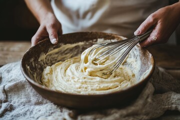 A hand mixes batter in a bowl with a whisk. The photo is perfect for a blog about baking and cooking.