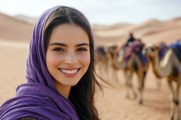 Canadian woman wearing traditional cloth moroccan Djellaba at the desert