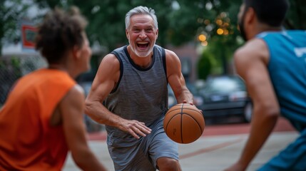 Energetic senior man playing basketball with friends outdoors, showing joy and fitness, embracing an active lifestyle in retirement.