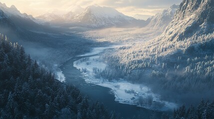 Canvas Print - Majestic snow-covered valley with a river cutting through frosted trees and distant mountains soft morning light shot from above panoramic lens 