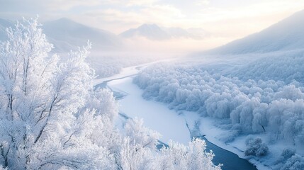 Canvas Print - Majestic snow-covered valley with a river cutting through frosted trees and distant mountains soft morning light shot from above panoramic lens  