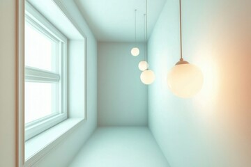 Three White Globe Pendant Lights Hanging in a Corner Room with a Window