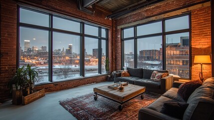 Industrial-style living room with exposed brick walls and metal furniture snowy urban skyline seen through tall windows soft evening light shot from a low angle wide lens 