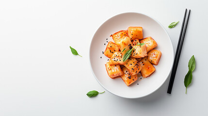 Deliciously prepared cubes of sweet potato are served in white bowl, garnished with fresh basil and sesame seeds, creating vibrant and appetizing dish.