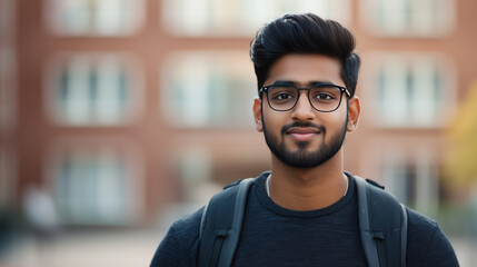 young Indian man with glasses and backpack stands confidently outdoors, showcasing friendly smile against blurred background of school or university building.