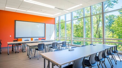 Wall Mural - Modern classroom with large windows sleek desks and interactive whiteboard soft natural light streaming in shot from the back wide-angle lens  