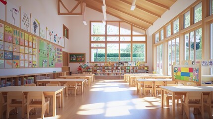 Sticker - Bright classroom with rows of wooden desks colorful bulletin boards and large windows soft daylight shot from the front mid-angle wide lens  