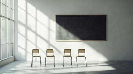 Wall Mural - Minimalist classroom with white walls simple chairs and a chalkboard soft afternoon light shot from a side angle mid-level wide lens 