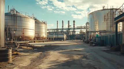 Canvas Print - Expansive factory yard with large storage tanks heavy machinery and metal pipes surrounding the area soft afternoon light shot from the ground level panoramic lens 