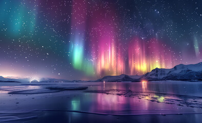 Wall Mural - beautiful northern lights over frozen lake with snow-covered landscape in winter night, vibrant colo