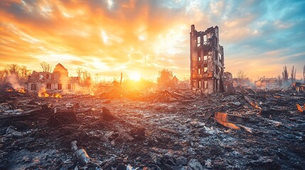 A fire-ravaged community rebuilding homes and infrastructure with green and sustainable building practices Stock Photo with side copy space