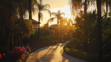 Poster - Tropical zoo at dusk soft orange light over exotic bird aviary palm trees swaying in the breeze winding paths lined with flowers Camera wide shot from low angle calm evening light 