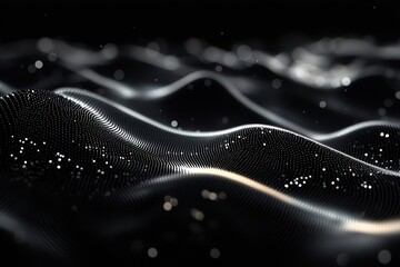 Wall Mural - dynamic digital waves of black particles with shining star dots, creating abstract background