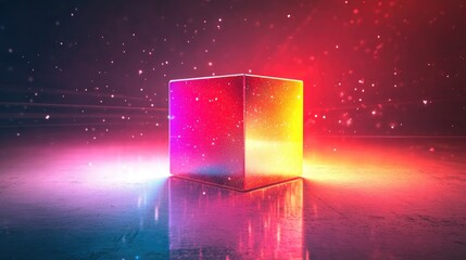 Wall Mural - Red Cube With Blurred White Background Holographic Color Pattern Modern Neon Reflective Glass And Luminous Light Reflecting From Pavement Creating A Bright Rainbow Spectrum