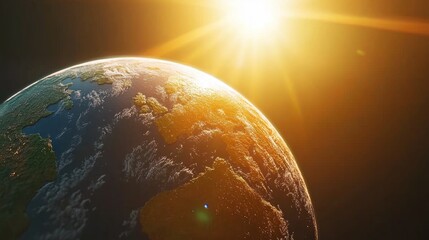 Wall Mural - planet earth in a 3d cartoon rendering with sunbeam light emerging