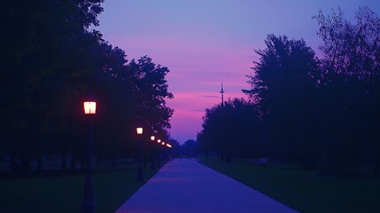 Sticker - Quiet park road at dusk soft purple and blue hues in the sky lamps lining the path casting warm glows few people strolling Camera wide shot from elevated angle calming evening vibe 