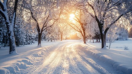 Canvas Print - Snow-covered park road winter morning trees dusted with fresh snow tire tracks visible on the icy road soft sunlight breaking through Camera wide shot from low angle cold and serene  