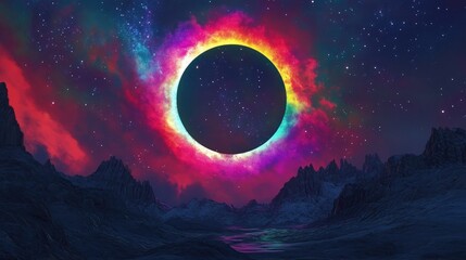Wall Mural - Colorful halo around a solar eclipse in a 3D cartoon rendering with a starry sky backdrop