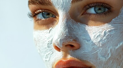 woman's face with facial mask applied, glowing skin underneath