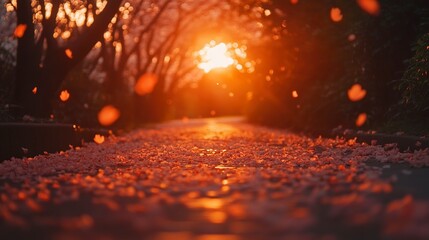 Poster - Serene sakura garden at sunset warm orange light illuminating the cherry blossoms petals scattered along a narrow pathway Camera wide angle from low angle soft tranquil glow 