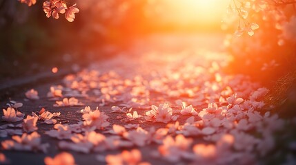 Poster - Serene sakura garden at sunset warm orange light illuminating the cherry blossoms petals scattered along a narrow pathway Camera wide angle from low angle soft tranquil glow 