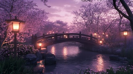 Sakura garden at dusk soft purple sky cherry blossoms glowing under dim lantern light wooden bridge crossing a small stream Camera wide angle from low level ethereal and calm  