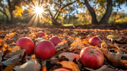 Poster - Low-angle shot of ripe apples on the ground, fallen among autumn leaves, trees towering above with sunlight streaming through the branches, creating a serene natural scene. 