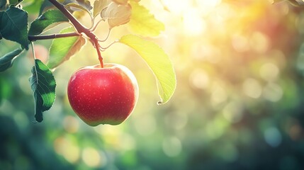 Wall Mural - Close-up of a ripe apple hanging from a branch, sunlight filtering through the leaves, background blurred to focus on the vibrant red fruit and the rich green foliage around it. 