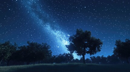 3d cartoon rendering featuring a starry blue dark night sky over a field of trees with a milky way c