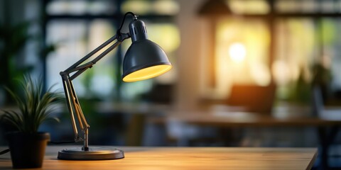 Desk lamp on table with plant in blurred background.