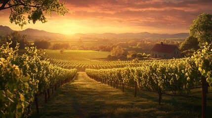 Canvas Print - A rustic vineyard at sunset, golden light pouring over the grapevines, wide-angle shot capturing the lush greenery, ripe grapes, and distant farmhouse framed by a pink and orange sky. 