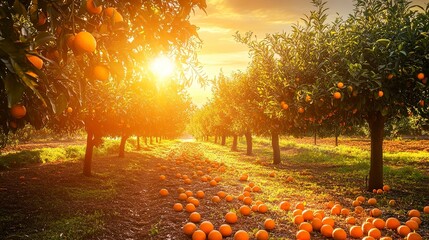 A peaceful orange grove at sunset, golden light streaming through the trees, wide-angle shot capturing rows of orange trees with fruit scattered on the ground, creating a serene landscape.  