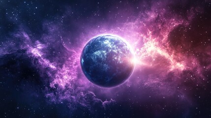 Wall Mural - Grey planet in cosmic setting with dynamic beams against a dark background featuring a purple nebula creating a fantastical 3D illustration reminiscent of comic book galaxy art