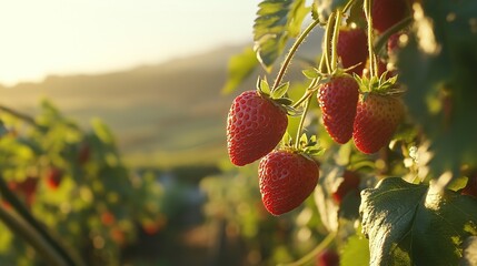 Poster - Mid-shot of ripe strawberries growing on the vine, soft sunlight casting gentle shadows, the bright red fruit contrasting with rich green leaves, with rolling hills softly blurred in the background. 