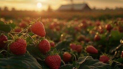 Poster - Side-angle shot of a strawberry field at dusk, the soft glow of sunset casting warm hues over the plants, with the ripe red berries glistening and a distant farmhouse softly blurred.  