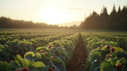 Poster - Wide-angle shot of a strawberry field bathed in golden hour light, rows of plants filled with ripe strawberries, the landscape stretching toward a glowing horizon with distant trees framing the scene.