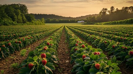 Canvas Print - Wide-angle shot of a strawberry field bathed in golden hour light, rows of plants filled with ripe strawberries, the landscape stretching toward a glowing horizon with distant trees framing the scene.