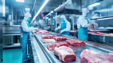 Wall Mural - Mid-shot of a meat processing floor, workers in protective gear operating conveyor belts, soft overhead lighting highlighting the stainless steel machinery and packaged cuts of meat