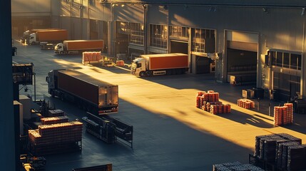 A sleek meat processing factory at dusk, artificial light casting long shadows across the loading docks, wide-angle shot capturing industrial trucks, machinery